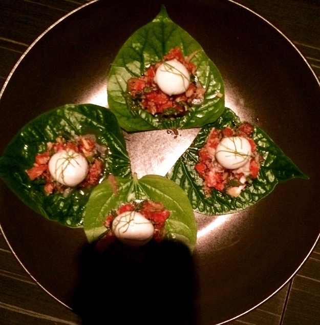 Miang of Cured Black Tailed Kingfish with Watermelon, Mint and Lime